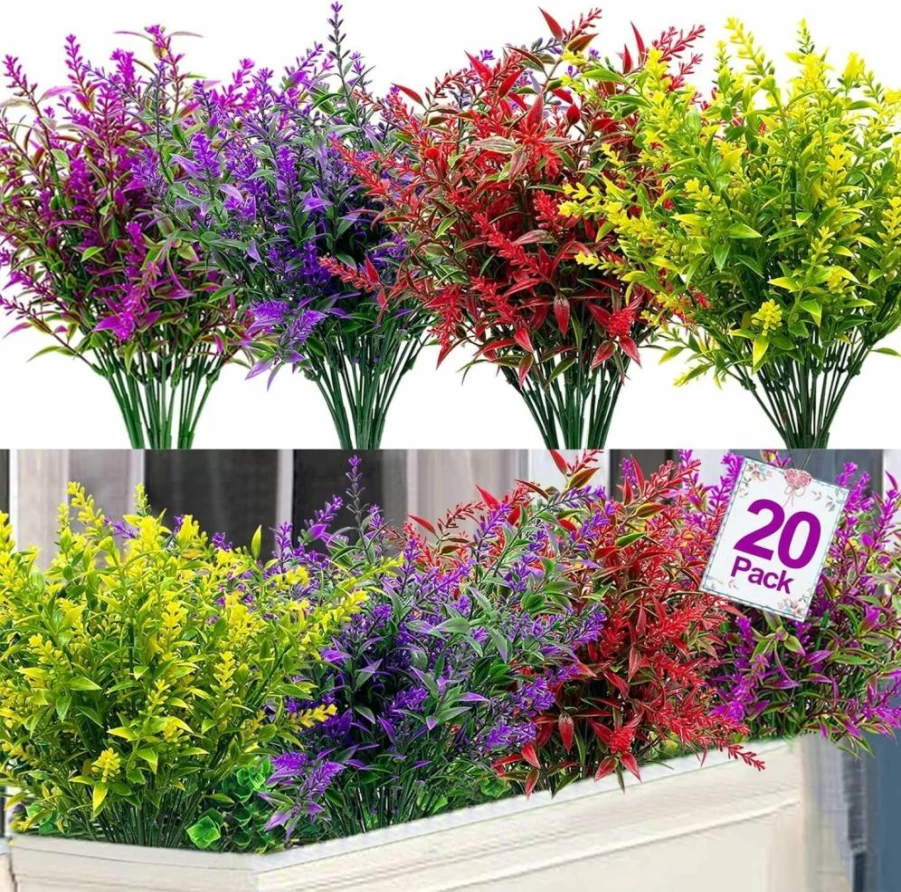 TURNMEON 20-Pack UV Resistant Artificial Lavender Flowers, Faux Outdoor Plants for Window Boxes, Planters, Porch, Garden & Cemetery Decor (Gray Purple)