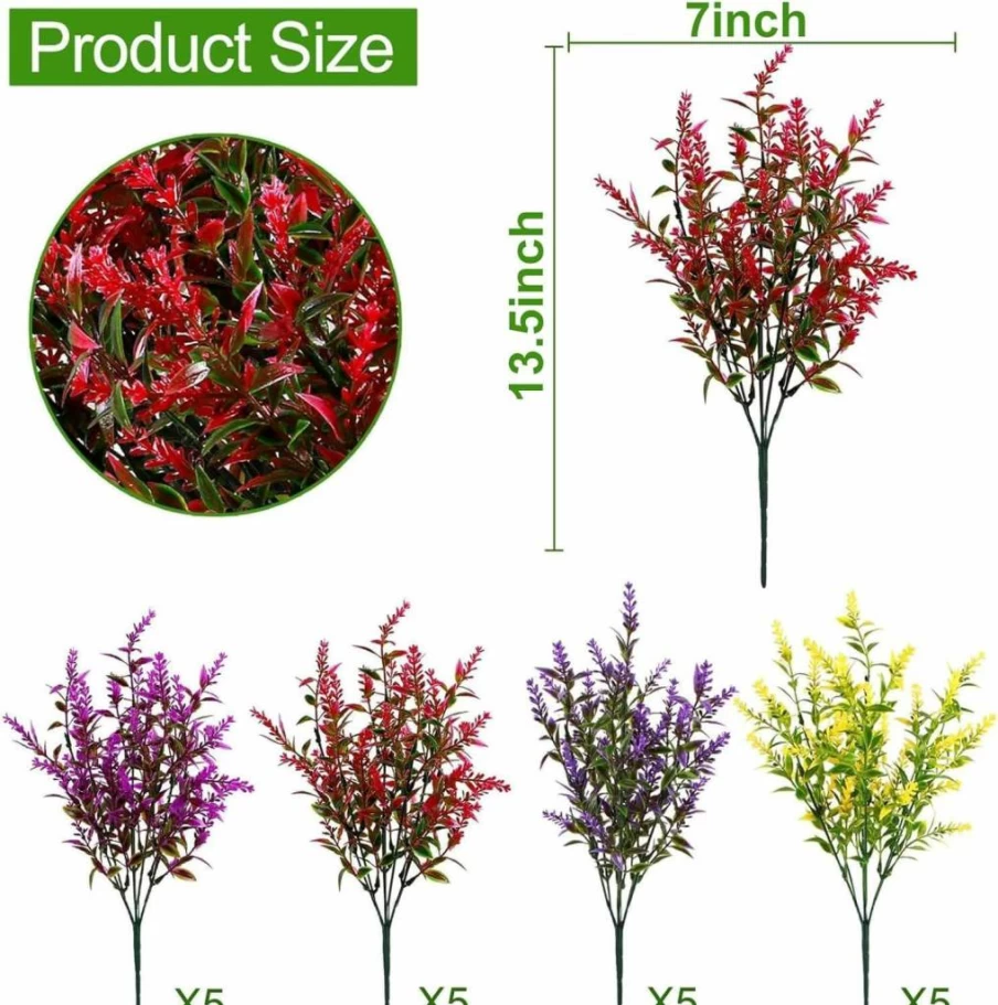 TURNMEON 20-Pack UV Resistant Artificial Lavender Flowers, Faux Outdoor Plants for Window Boxes, Planters, Porch, Garden & Cemetery Decor (Gray Purple)