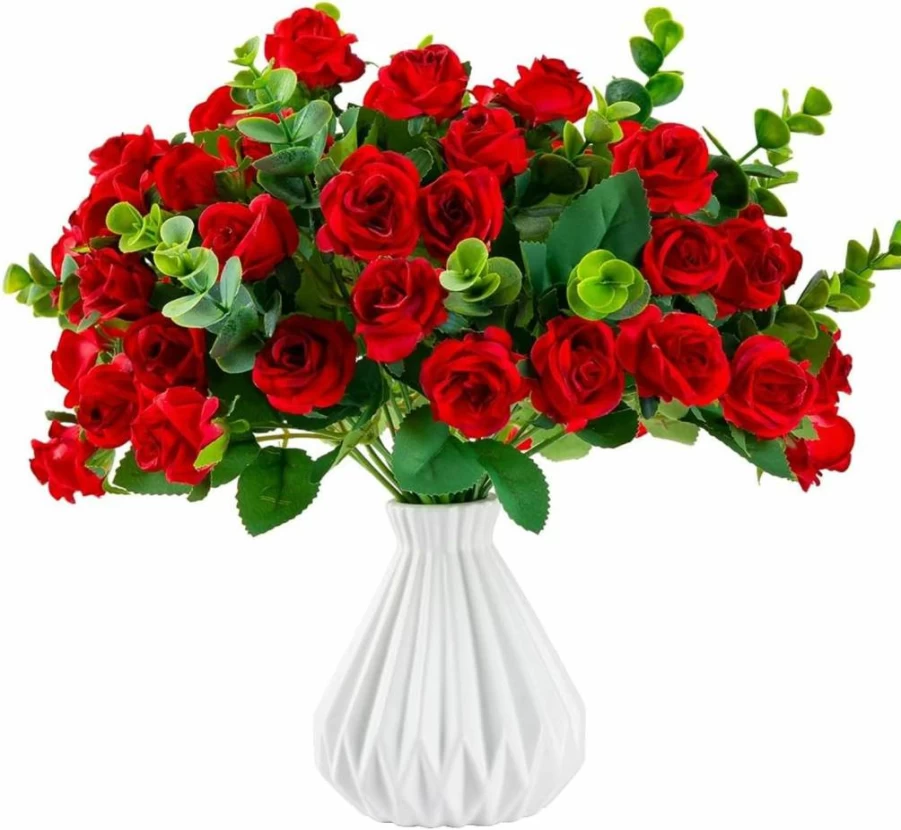 SHUOTAO Artificial Silk Roses Bouquet - 33 Heads Small White Fake Flowers with Stems for DIY Vase, Home, Wedding, Party Decor (3 Pack)