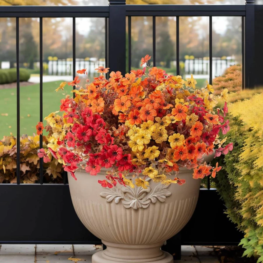 Ammyoo 12 Bundles Artificial Mums Flowers Outdoor UV Resistant Faux Daisy Silk Plants with Realistic Eucalyptus for Porch Patio Yard Spring Decoration