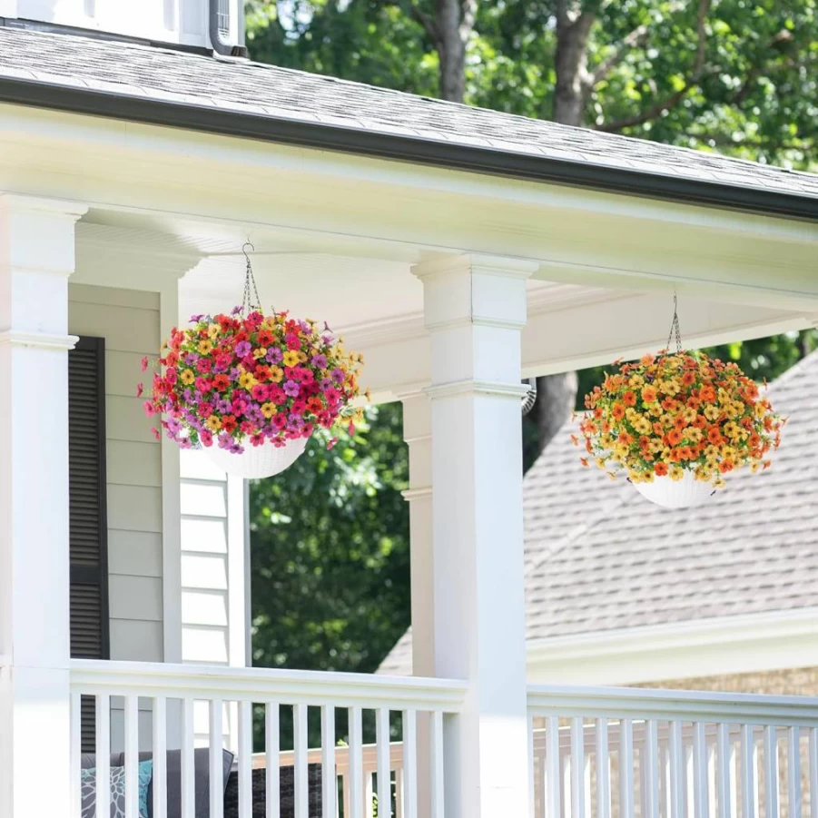 HyeFlora Artificial Hanging Flower Basket - UV Resistant Faux Daisy Decor for Porch, Patio, Balcony - Realistic Outdoor Hanging Plants for Spring Summer Home Decoration