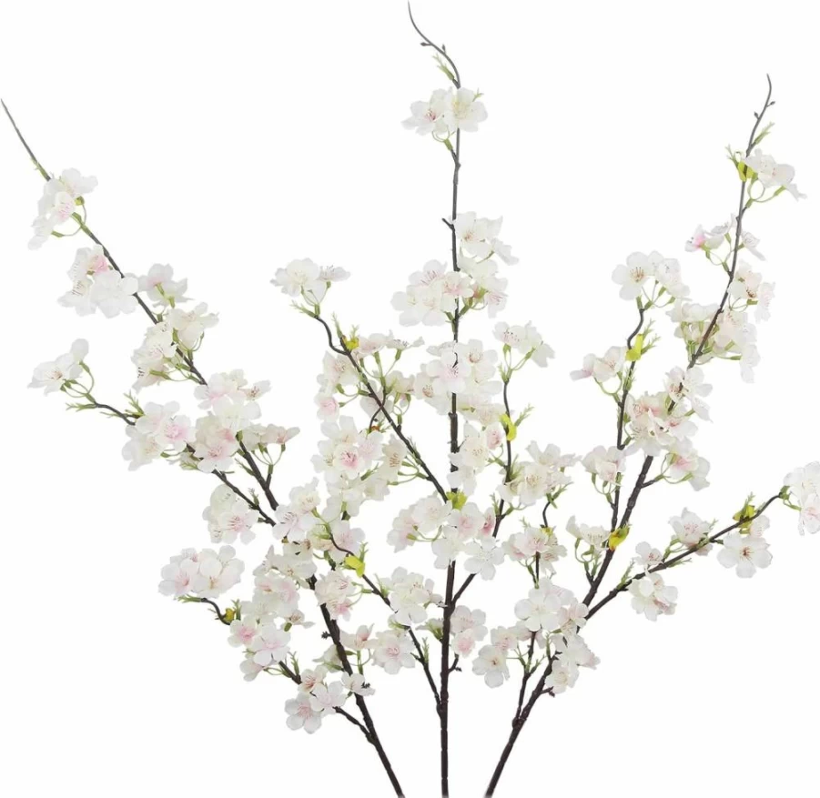 CISDUEO 3Pcs Artificial White Peach Blossom Flowers with Leaves, Silk Cherry Blossom Branches for Vase Arrangements, Spring Wedding, DIY Party Decor Indoor Outdoor