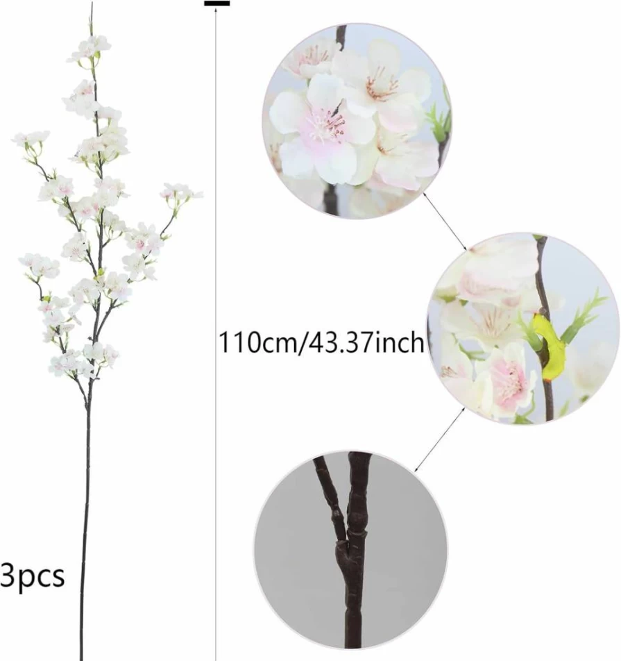 CISDUEO 3Pcs Artificial White Peach Blossom Flowers with Leaves, Silk Cherry Blossom Branches for Vase Arrangements, Spring Wedding, DIY Party Decor Indoor Outdoor