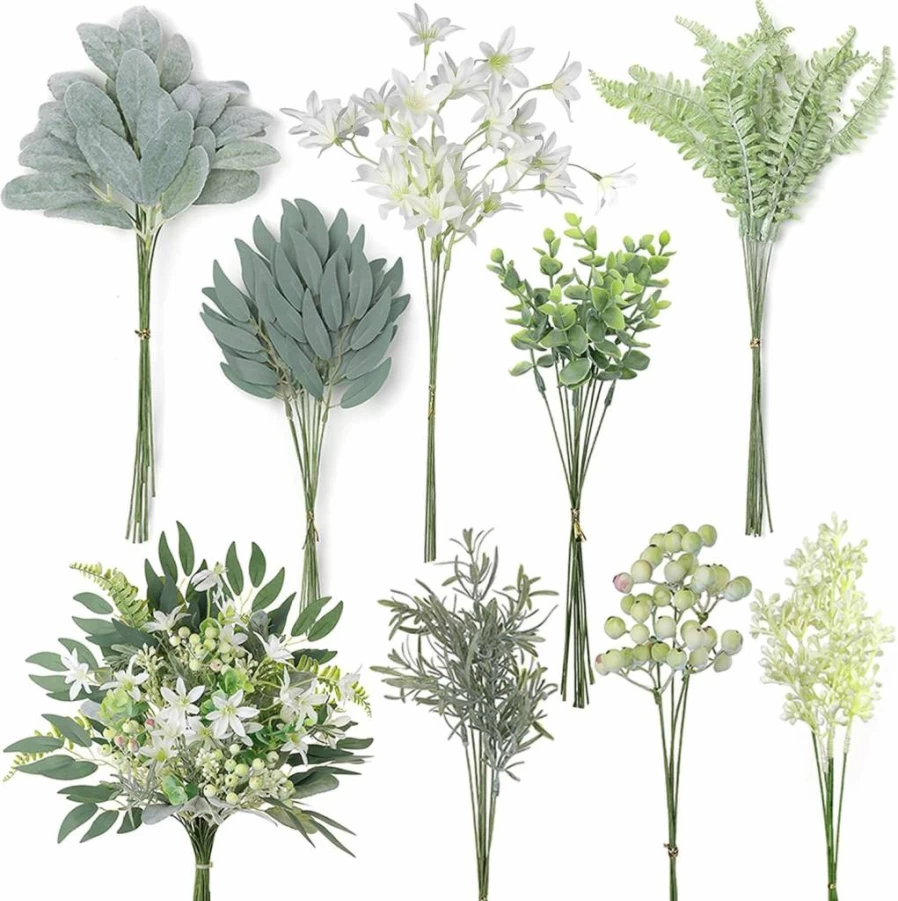 FOTEEWL 75-Piece Artificial Greenery Stems Set - 8 Varieties of Faux Plants & Flowers for DIY Wedding Bouquets, Floral Arrangements, and Table Centerpieces (Sage Green)