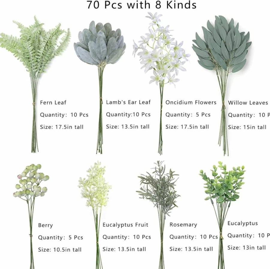 FOTEEWL 75-Piece Artificial Greenery Stems Set - 8 Varieties of Faux Plants & Flowers for DIY Wedding Bouquets, Floral Arrangements, and Table Centerpieces (Sage Green)