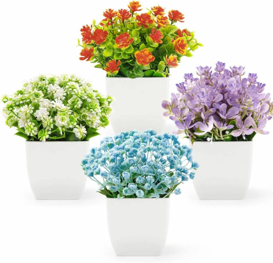 Der Rose 4 Pack Mini Artificial Potted Plants - Fake Greenery for Indoor Home Decor, Office Table, Farmhouse Style
