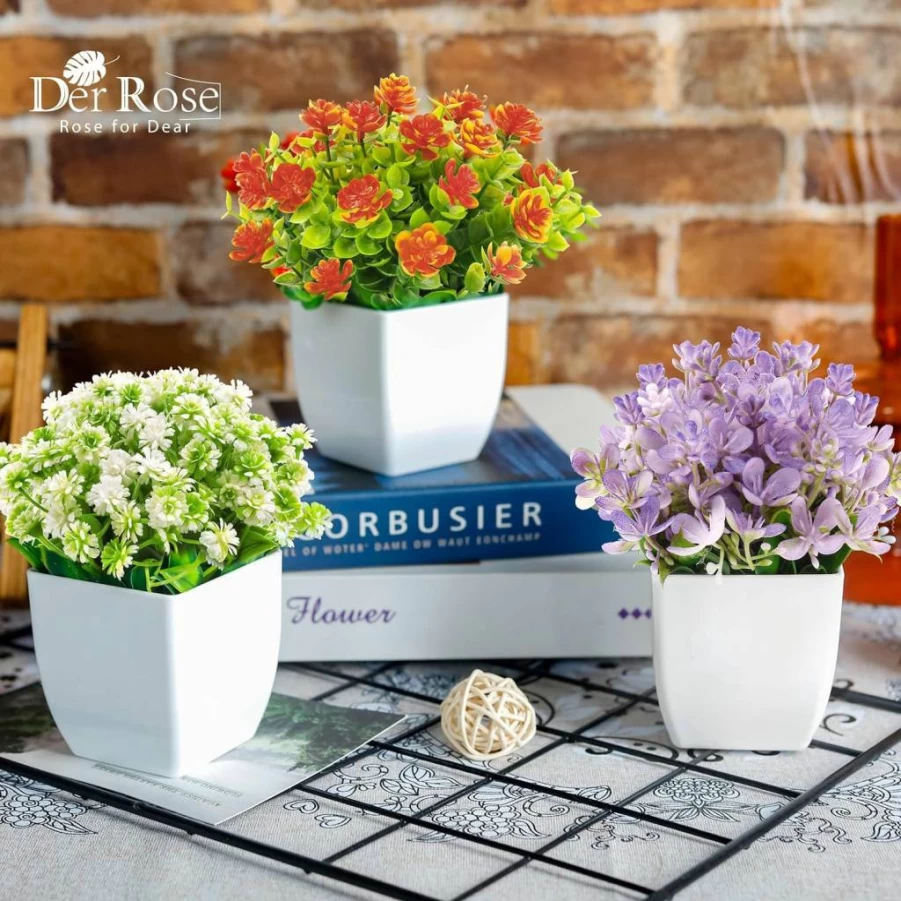 Der Rose 4 Pack Mini Artificial Potted Plants - Fake Greenery for Indoor Home Decor, Office Table, Farmhouse Style
