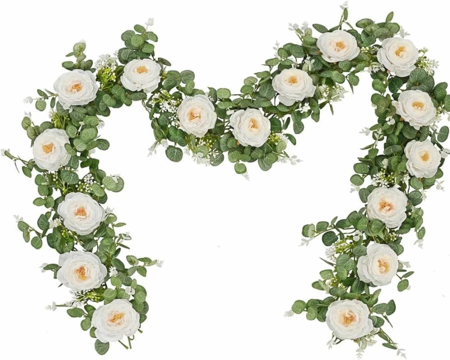 Dolicer 2Pcs 13Ft Artificial Eucalyptus Garland with 8 White Roses - Faux Floral Greenery Vine for Wedding Arch, Backdrop, Table Centerpiece Decor