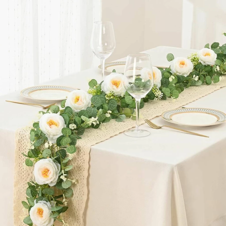 Dolicer 2Pcs 13Ft Artificial Eucalyptus Garland with 8 White Roses - Faux Floral Greenery Vine for Wedding Arch, Backdrop, Table Centerpiece Decor