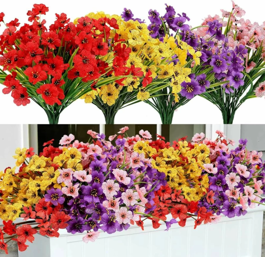 Geegoods 16 Bundles UV Resistant Artificial Violet Flowers for Outdoor Decor, Faux Plastic Plants for Spring Summer Garden, Fake Colorful Mix Blooms