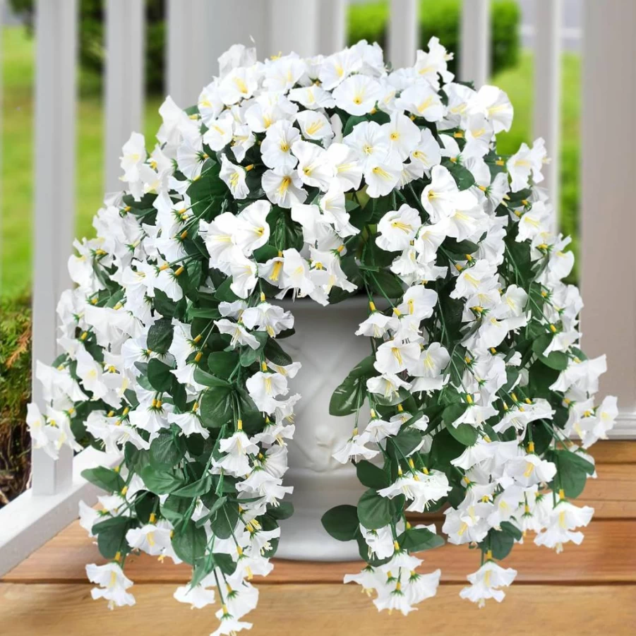 Sggvecsy 2Pcs Purple Artificial Morning Glory Hanging Plants - UV Resistant Faux Silk Vines for Outdoor Porch, Patio, Balcony Decor - Realistic Fake Flowers for Spring Summer Home Decoration
