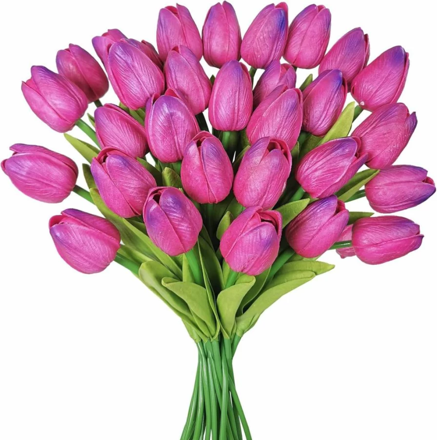 Winlyn 28-Pack Multicolor Artificial Tulip Stems - 14" Real Touch PU Tulips for Spring Decor, Wedding Bouquets, Centerpieces, and Cemetery Arrangements