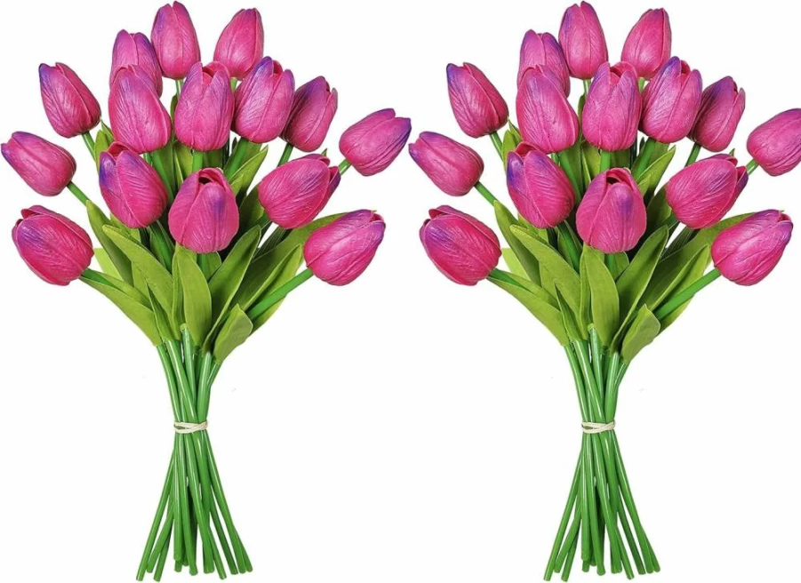 Winlyn 28-Pack Multicolor Artificial Tulip Stems - 14" Real Touch PU Tulips for Spring Decor, Wedding Bouquets, Centerpieces, and Cemetery Arrangements