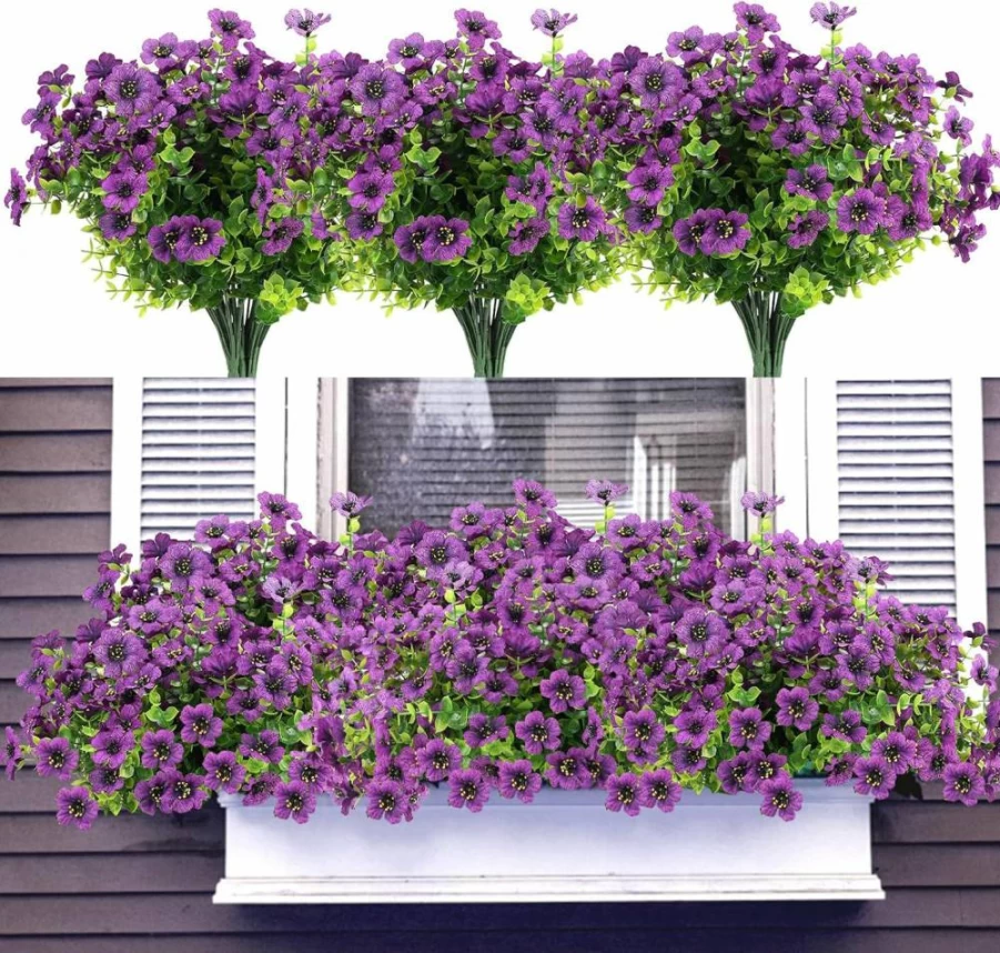 Katflyee 12 Bundles UV Resistant Artificial Silk Flowers for Outdoor Decor, Realistic Faux Purple Flowers for Planters, Window Boxes, and Front Porch