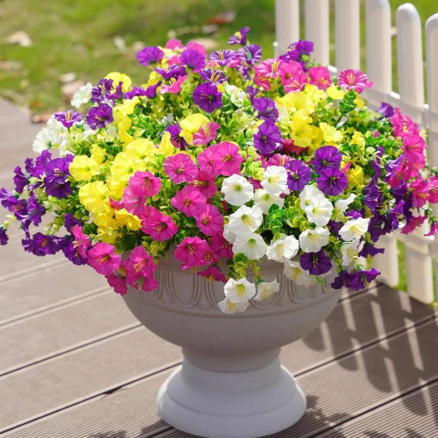 Ivydale 12 Bundles UV Resistant Artificial Silk Morning Glory Flowers with Eucalyptus for Outdoor Porch, Patio, Yard, and Home Decoration - Realistic Faux Plants