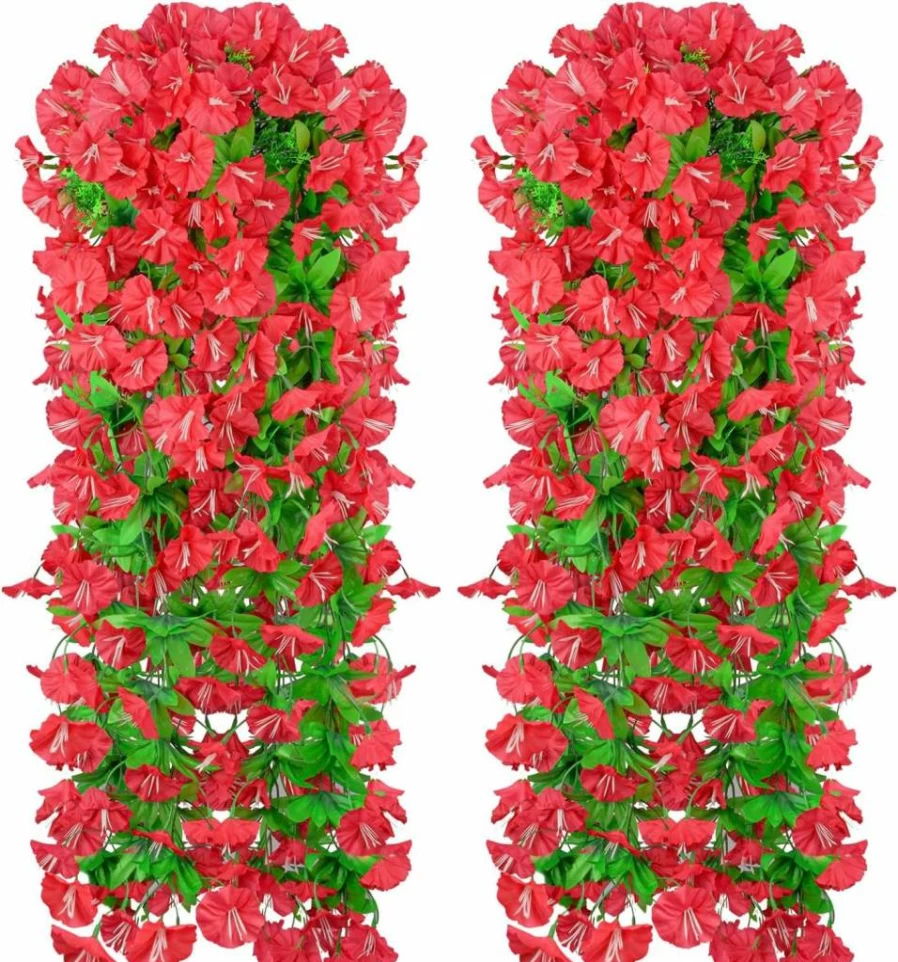 Elecxlink 2Pcs Artificial Purple Morning Glory Hanging Flowers, UV Resistant Fake Vines for Indoor Outdoor Garden, Porch, Wedding & Wall Decor