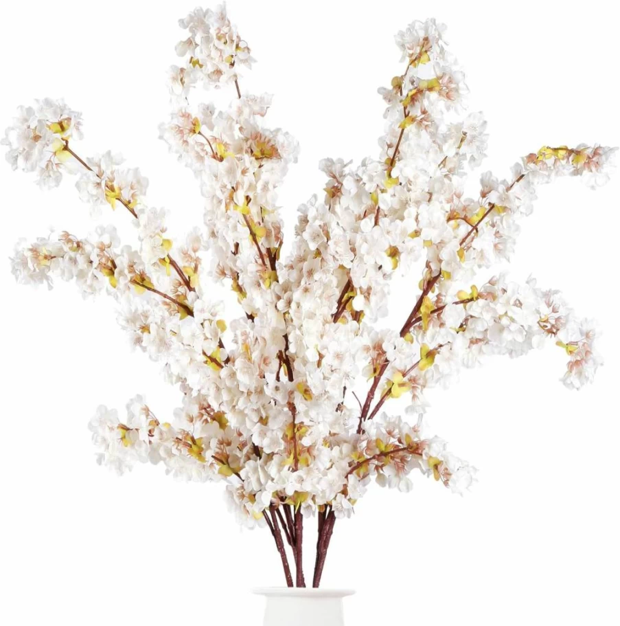 Sggvecsy 39" Artificial Peach Cherry Blossom Branches - 4 Pack Ivory Silk Flowers for Wedding, Home, Table Vase Decor - Faux Tall Stems