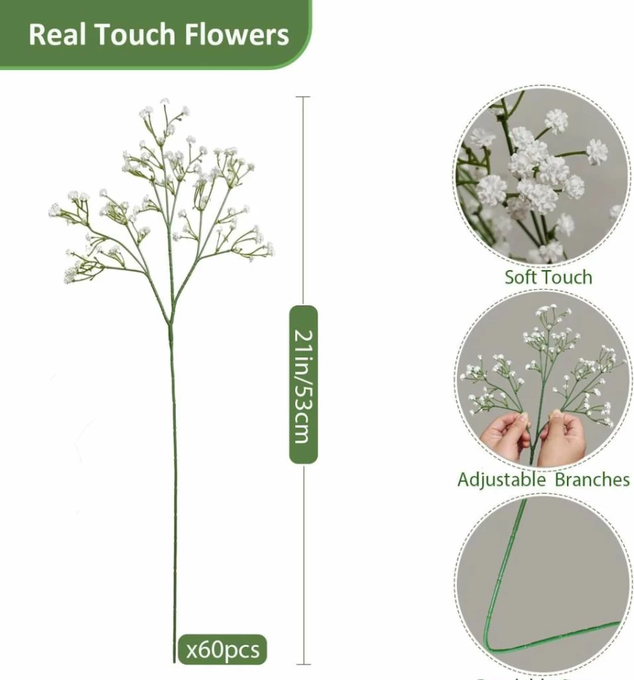 Cherica 12-Pack Real Touch Artificial Baby's Breath Flowers, Long Stem Fake White Gypsophila for Bouquets, Wedding Decor, Vase Arrangements