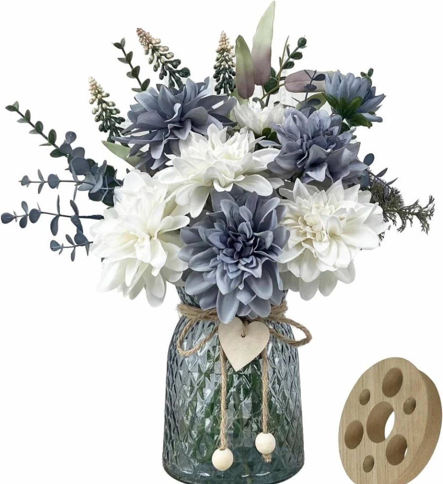 SHINFHOMF 8-Pack Artificial Dahlia Flowers in Vase, Silk Fake Floral Centerpiece for Table Decor with Arrangement Holder, Faux Home Decor