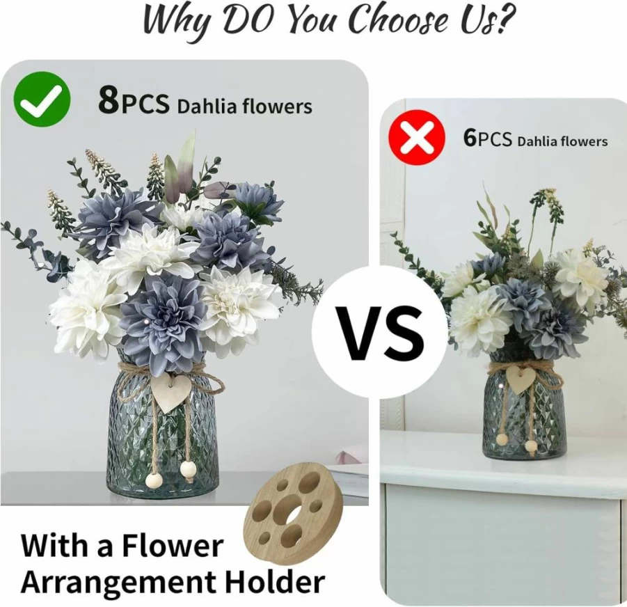 SHINFHOMF 8-Pack Artificial Dahlia Flowers in Vase, Silk Fake Floral Centerpiece for Table Decor with Arrangement Holder, Faux Home Decor