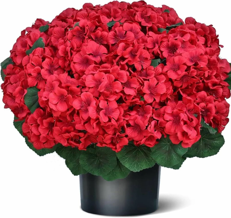 Juxdp 18" Red Artificial Geranium Topiary Set of 2 - UV Resistant Faux Silk Flower Bushes for Outdoor/Indoor Decor, Front Porch, Garden, Office, Farmhouse