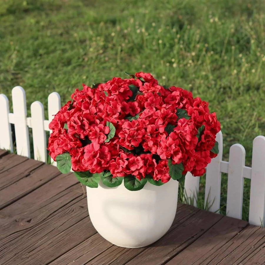 Juxdp 18" Red Artificial Geranium Topiary Set of 2 - UV Resistant Faux Silk Flower Bushes for Outdoor/Indoor Decor, Front Porch, Garden, Office, Farmhouse