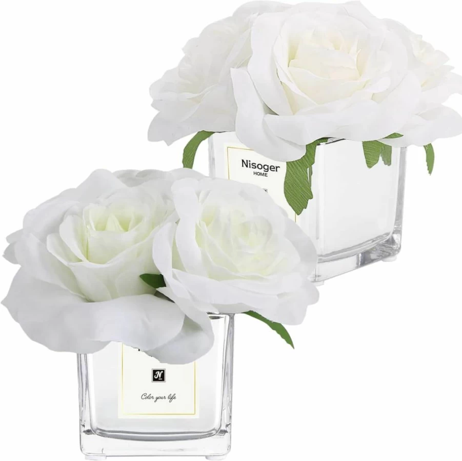 Nisoger Artificial Silk Roses in Vase - 2 Pack Fake Flower Arrangement for Home Office Decor, Dining Table Centerpiece