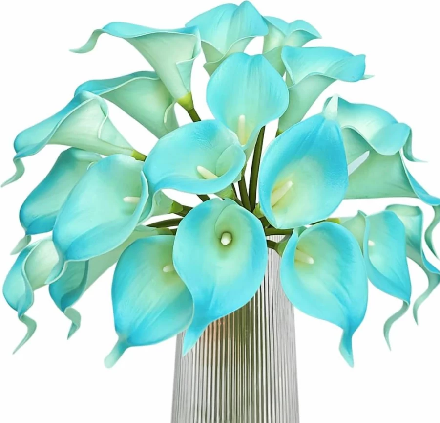 Letjolt 12Pcs Peacock Blue Faux Calla Lily Bouquet - Artificial Flowers for Wedding, Home, Kitchen, Party Decor
