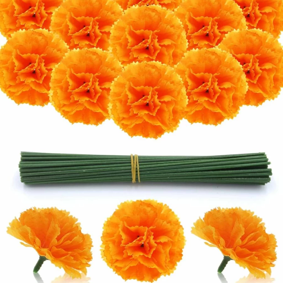 Hananona 50 Pcs Artificial Marigold Flowers with Stems, Silk Marigold Heads for Diwali Decor, Day of the Dead Wreath, Garland, and Home Decoration