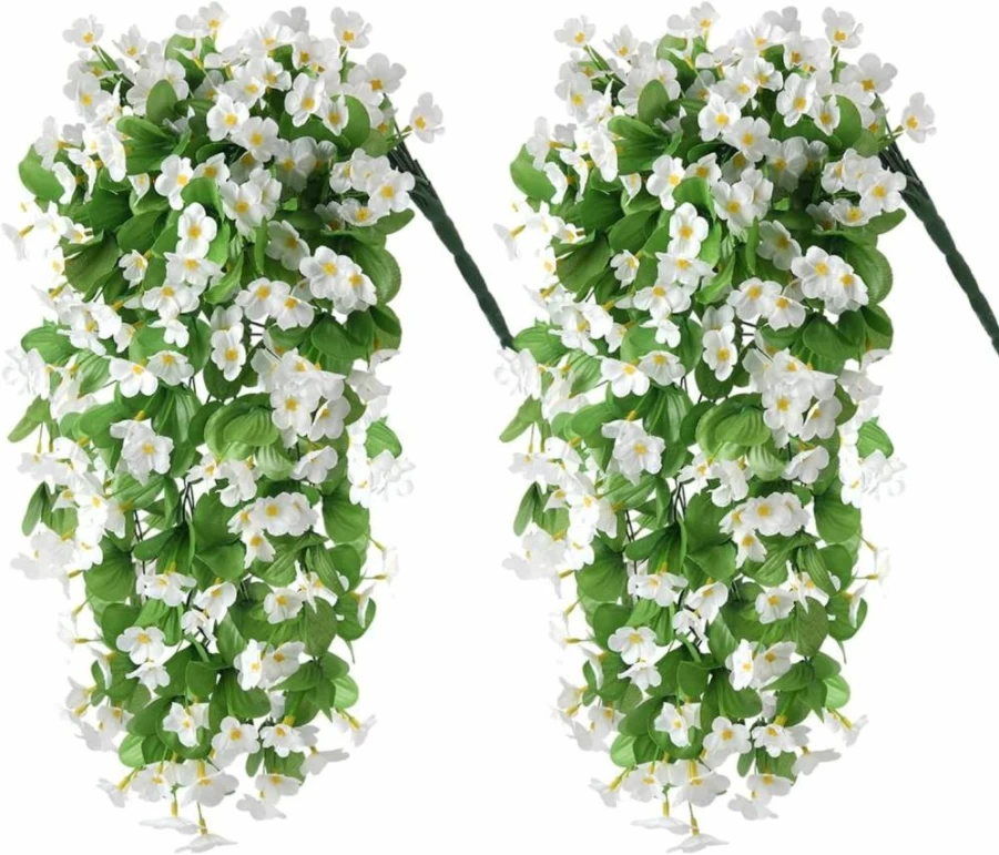 ZFProcess 2Pcs White UV Resistant Faux Silk Violet Hanging Flowers - Realistic Fake Trailing Vines for Outdoor Porch, Patio, Planter Decor (Spring Summer)