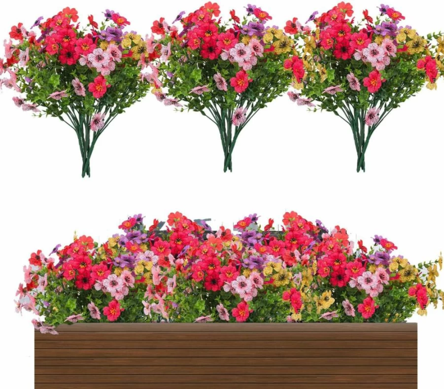 Doment 50 Bundles UV Resistant Artificial Daisy Flowers for Outdoor Garden Decor, Spring Fake Monkey Grass for Porch, Window Box, Onion Shape
