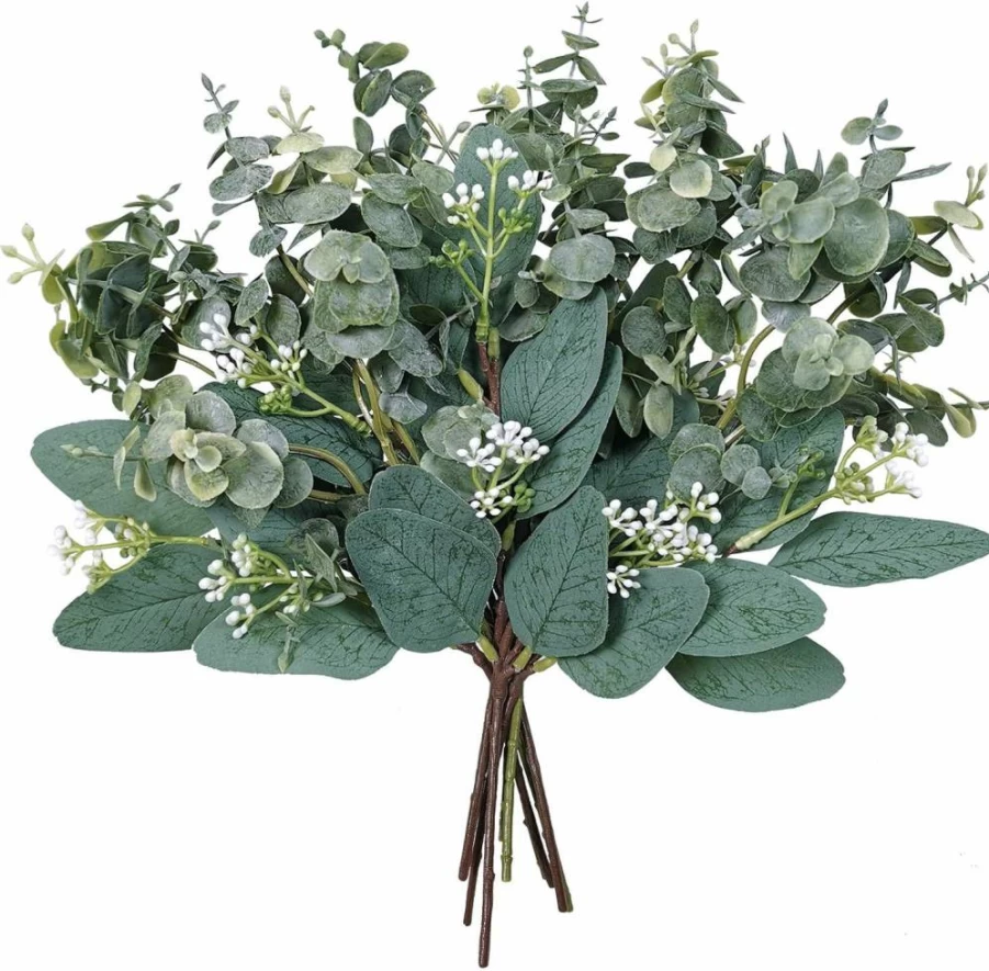 Winlyn Artificial Eucalyptus Leaves Stems Bulk - Faux Oval Greenery with White Seeds for Wedding Floral Arrangements, Wreaths, Garlands, and Bouquets Decor