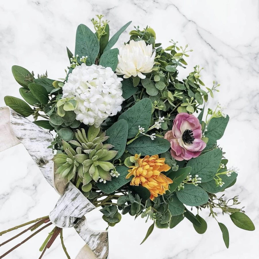 Winlyn Artificial Eucalyptus Leaves Stems Bulk - Faux Oval Greenery with White Seeds for Wedding Floral Arrangements, Wreaths, Garlands, and Bouquets Decor