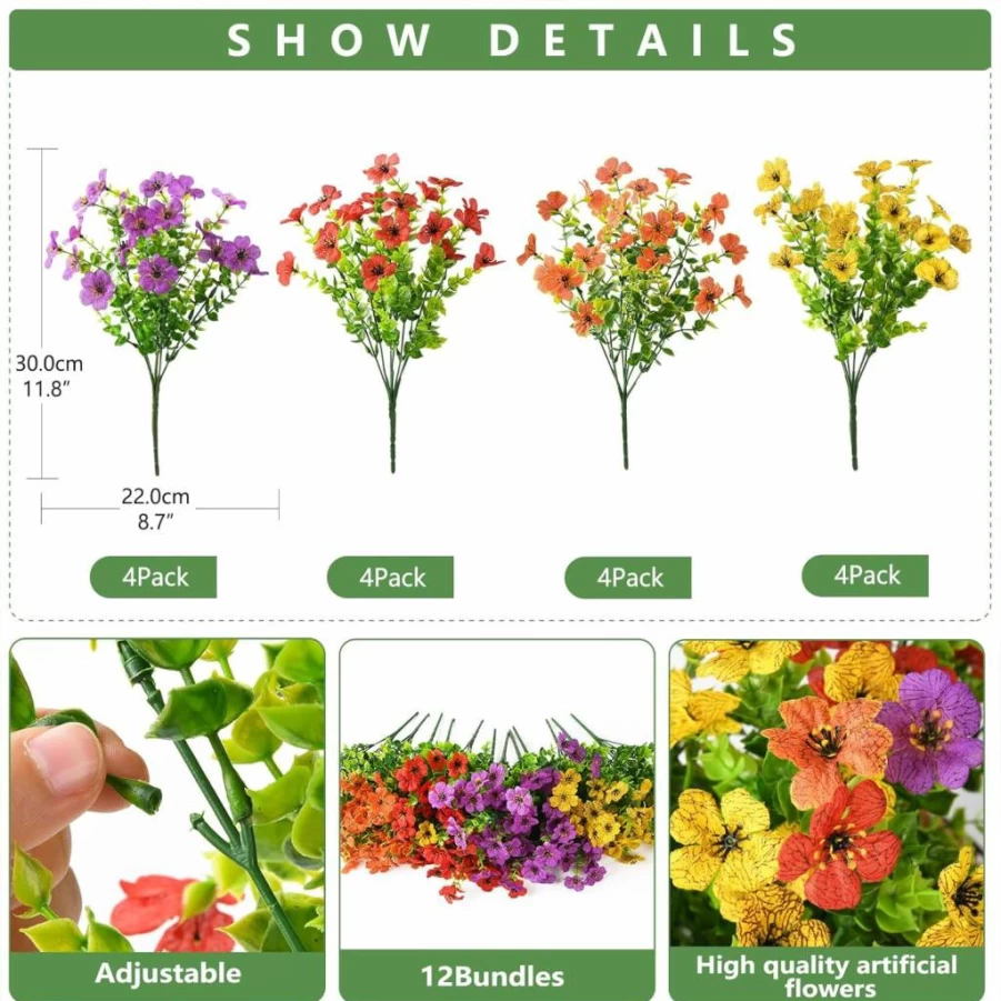 INQCMY 12 Bundles UV Resistant Artificial Daisy Flowers for Outdoor Decor, Faux Silk Plants for Patio, Porch, Window Box, Yard - Realistic Spring Summer Fake Flowers