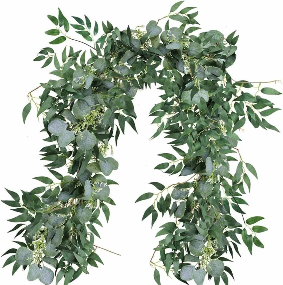 Supla Artificial Eucalyptus Garland with Willow Twigs - Grey Green Fake Greenery for Wedding Arch, Door Decor, Rustic Table Runner