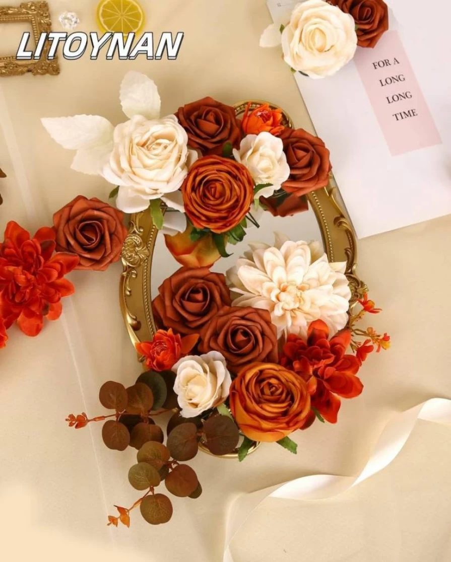LITOYNAN Artificial Silk Rose Flower Box Set for DIY Wedding Bouquets, Bridal Centerpieces, Baby Shower, Home Decor - Chic Terracotta Rust