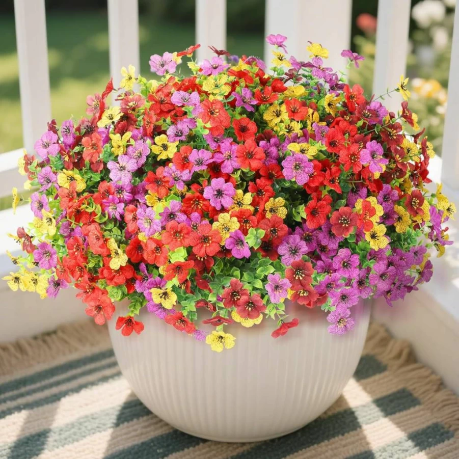 Hommyea 12 Bundles UV Resistant Artificial Outdoor Flowers, Fake Silk Plants with Ferns for Porch, Patio, Yard Decor, Spring Summer Home Decoration