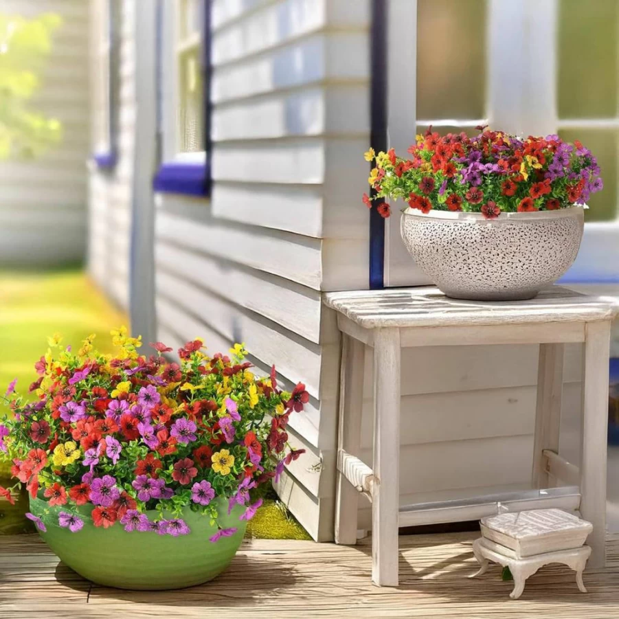 Hommyea 12 Bundles UV Resistant Artificial Outdoor Flowers, Fake Silk Plants with Ferns for Porch, Patio, Yard Decor, Spring Summer Home Decoration