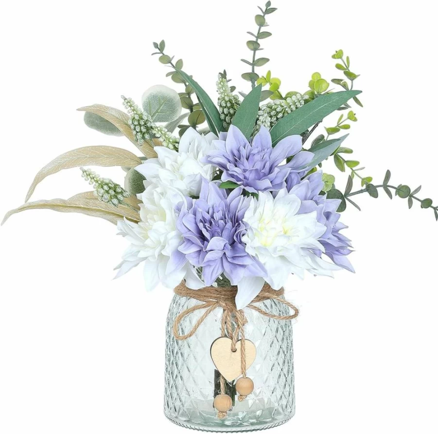 VIERENA White Faux Flower Arrangement in Vase - Artificial Silk Eucalyptus & Willow Centerpiece for Farmhouse, Kitchen, Dining Table, Coffee Table Decor