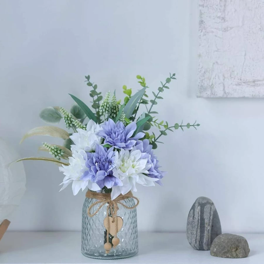 VIERENA White Faux Flower Arrangement in Vase - Artificial Silk Eucalyptus & Willow Centerpiece for Farmhouse, Kitchen, Dining Table, Coffee Table Decor