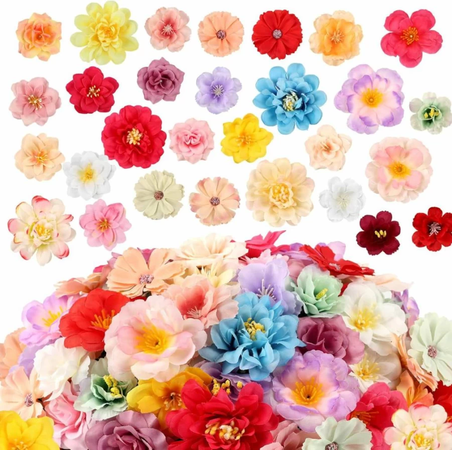 ATTGREAT 210PCS Mixed Color Mini Silk Flower Heads - Artificial Rose Daisy Sunflower for Wedding Decor, Hair Clips, Crafts, DIY Dresses (3D Faux Fabric Flowers Bulk)
