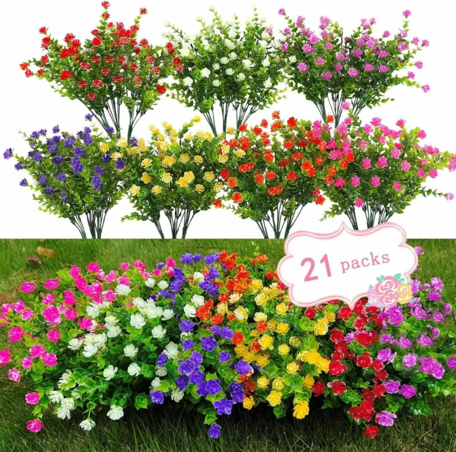 WEAUSUP 21 Pack UV Resistant Artificial Outdoor Plants, Faux Bushes & Flowers for Garden Decor, 7 Color Options, Durable Plastic Fake Plants for Home & Landscaping
