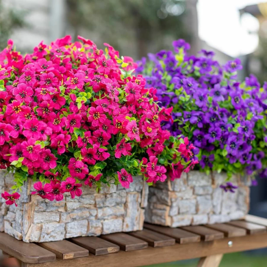 AXYLEX UV Resistant Artificial Boxwood Plants - 16 Bundles Outdoor Fake Shrubs, Fade Proof Plastic Greenery for Garden, Farmhouse & Spring Decor (Red/Pink)