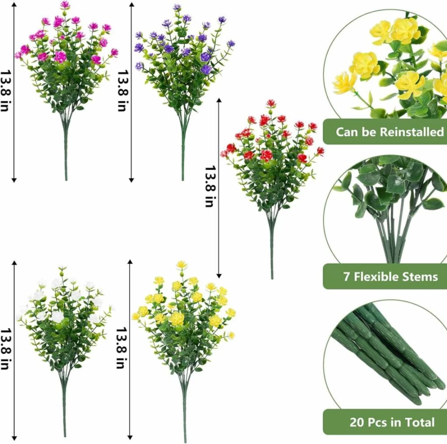 Bassion 24-Pack UV Resistant Artificial Eucalyptus Plants for Outdoor & Indoor Decor - Fake Greenery Stems, Boxwood Shrubs for Garden, Porch, Fence, Hanging Planters