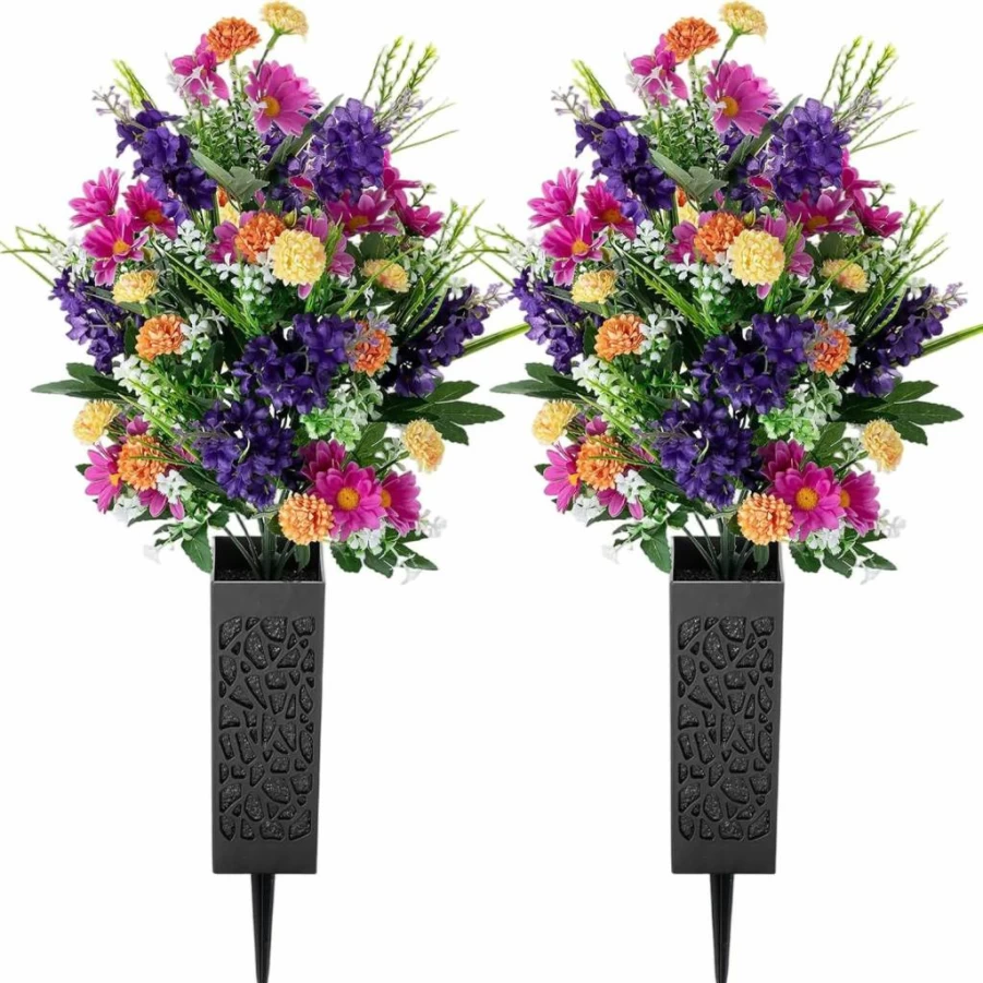 Memobloom Artificial Purple Violet Mums Bouquets with Vases - Cemetery Flowers for Grave Decor, Memorial Day Floral Arrangement, 2-Pack Outdoor Grave Decorations