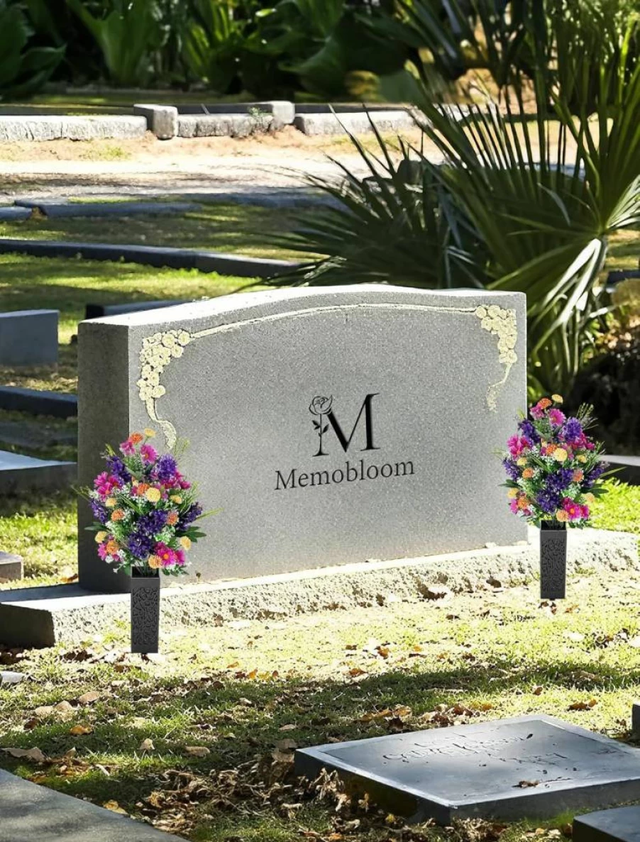 Memobloom Artificial Purple Violet Mums Bouquets with Vases - Cemetery Flowers for Grave Decor, Memorial Day Floral Arrangement, 2-Pack Outdoor Grave Decorations