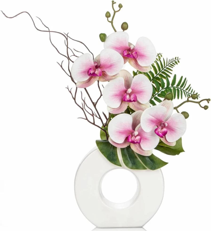 Briful 16.1" White Silk Orchid Artificial Flower in Black Pot - Faux Orchid Arrangement for Home, Office Desk, Modern Decor