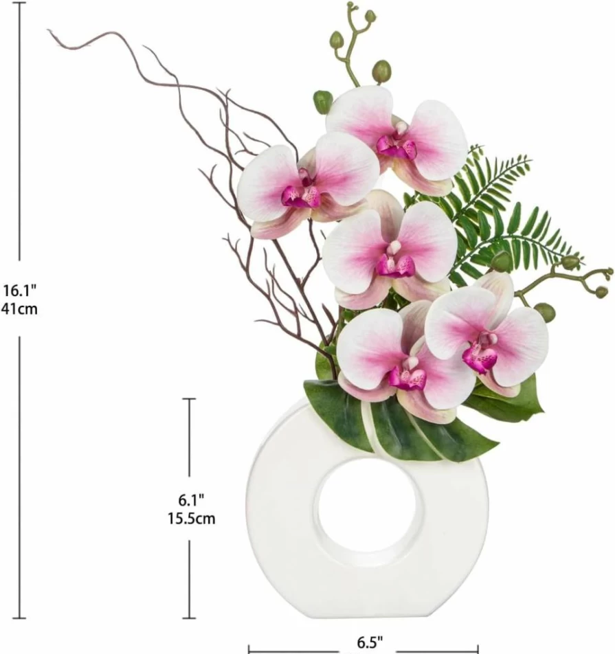 Briful 16.1" White Silk Orchid Artificial Flower in Black Pot - Faux Orchid Arrangement for Home, Office Desk, Modern Decor
