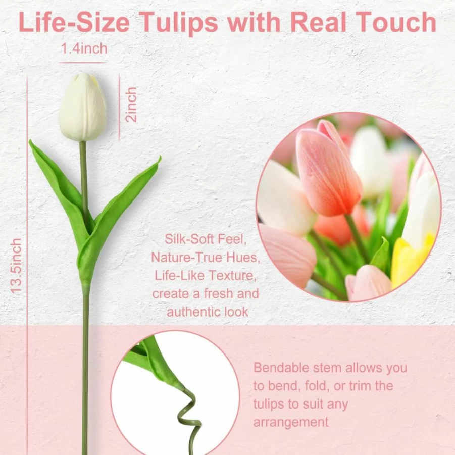 BLISOUL 20Pcs Real Touch Artificial Tulips, 13.5" PU Faux Tulip Stems for Home Decor, Wedding Centerpieces, Mother's Day & Valentine's Gift, Floral Arrangements (Red)