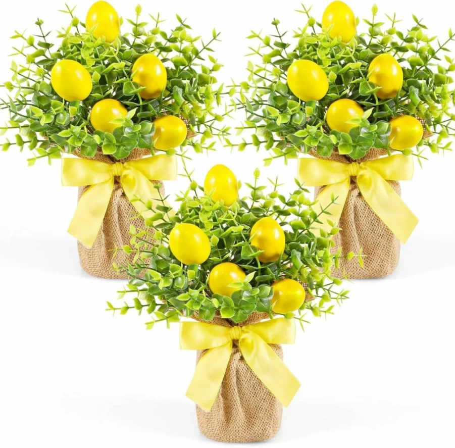 Dlerom Artificial Lemon Potted Plants - 3 Pack Fake Lemons in Burlap Vases for Indoor Outdoor Home Office Farmhouse Decor